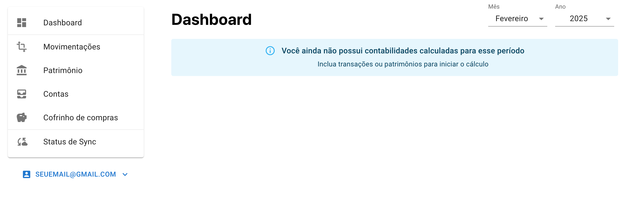 Tela de dashboard inicial