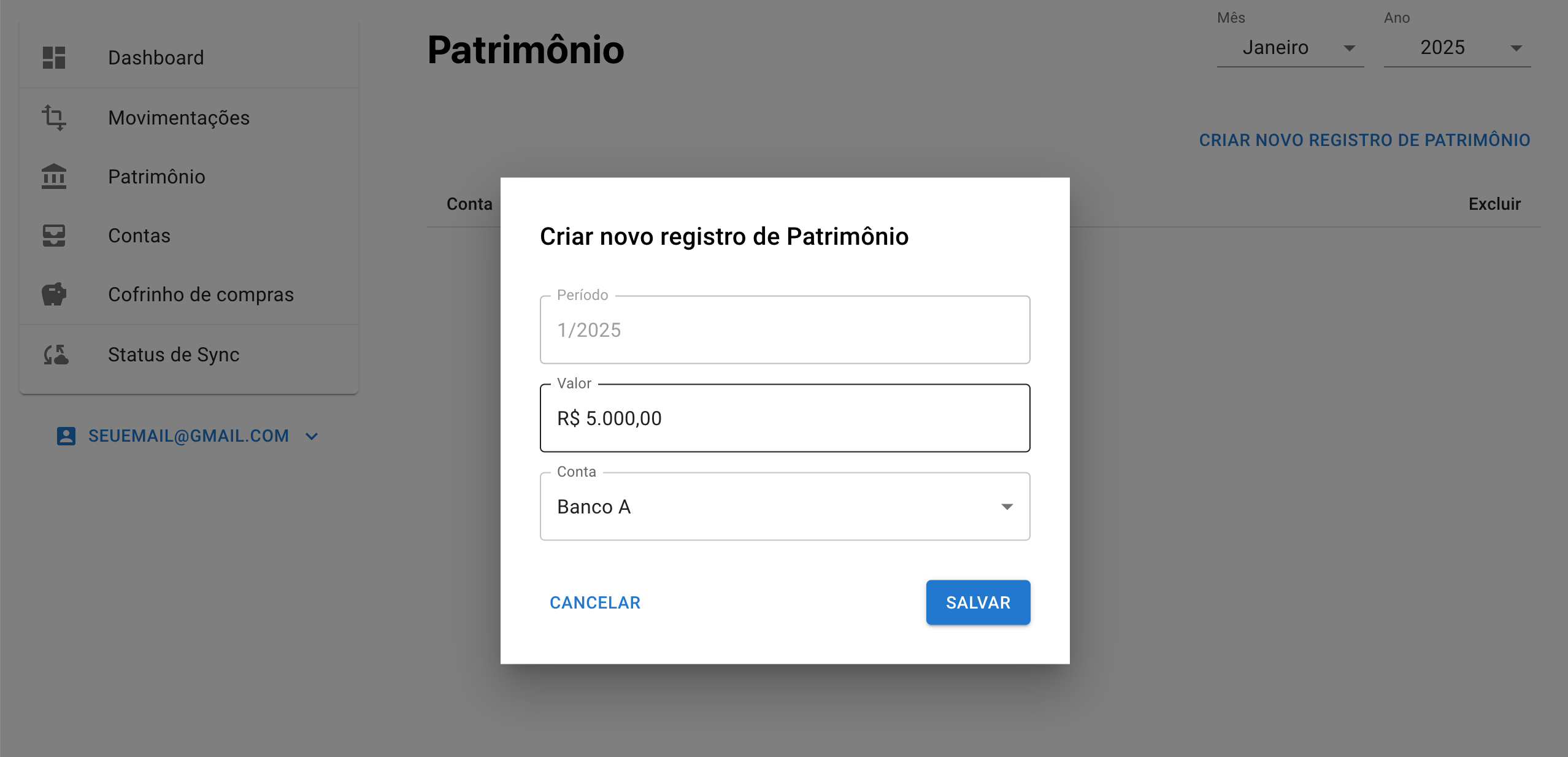 Tela de novo patrimônio